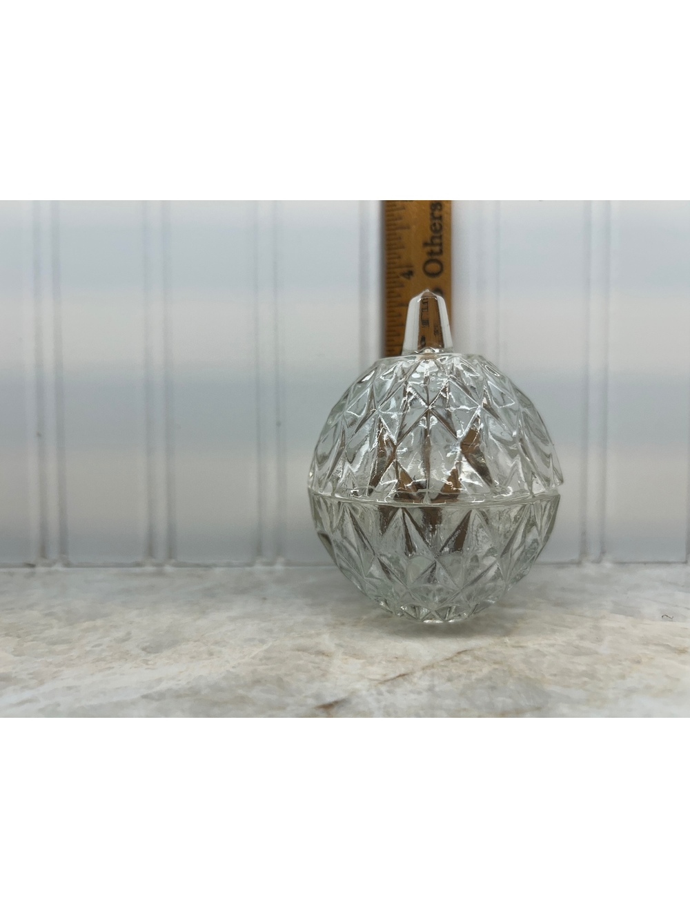 Vintage Round Apple / Sphere Diamond Point Glass Trinket Box with Lid